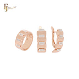 Conjunto de joyas de oro rosa de dos tonos con anillos y circonitas blancas en diseño repetitivo regular