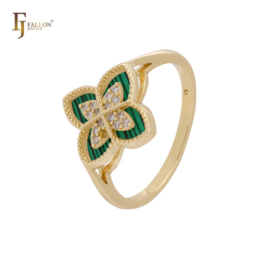 Anéis da moda em ouro 14K e ouro rosa com trevo em camadas preto e branco