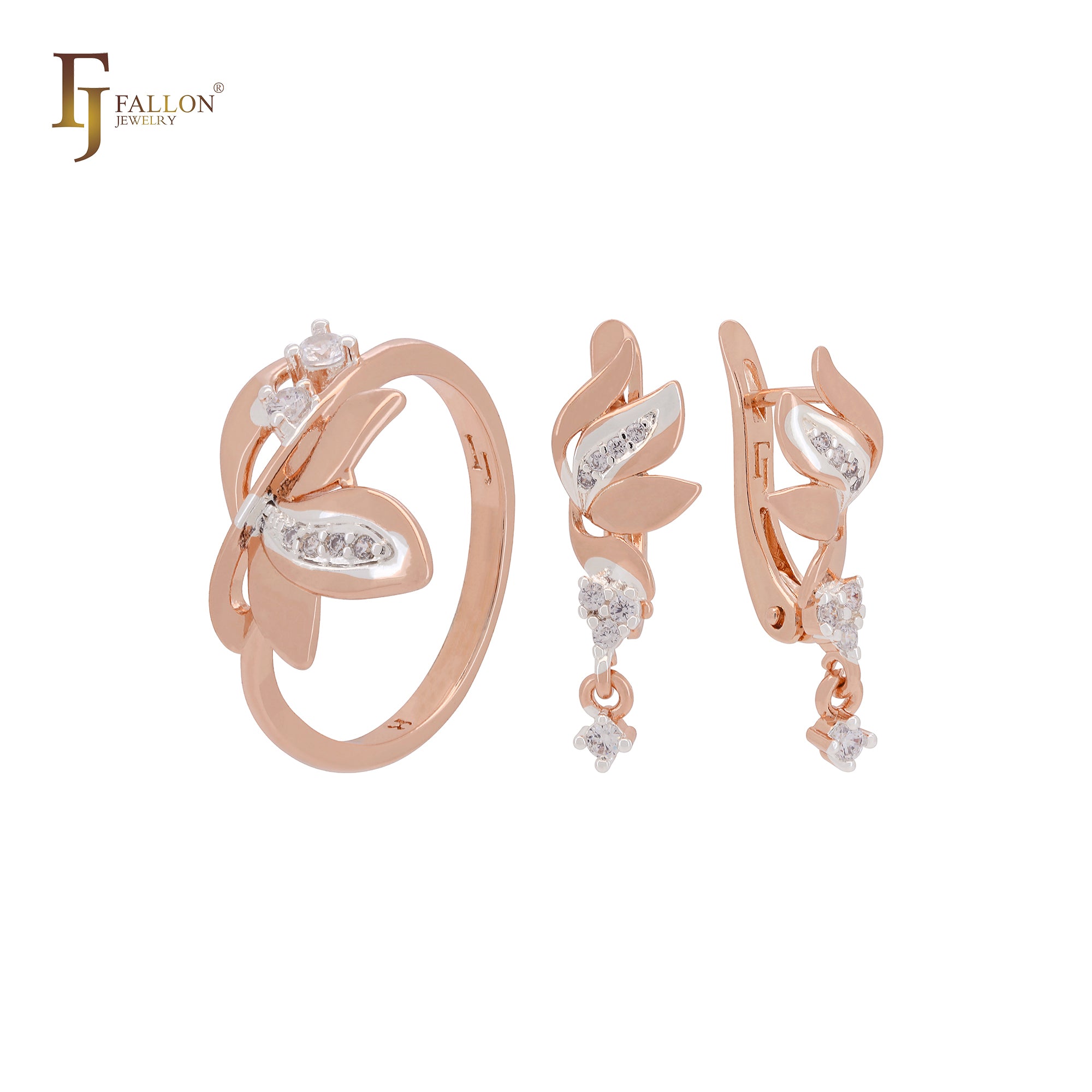 Elegante conjunto de joyas de dos tonos con hojas en forma de gota de circonita blanca en oro rosa y anillos