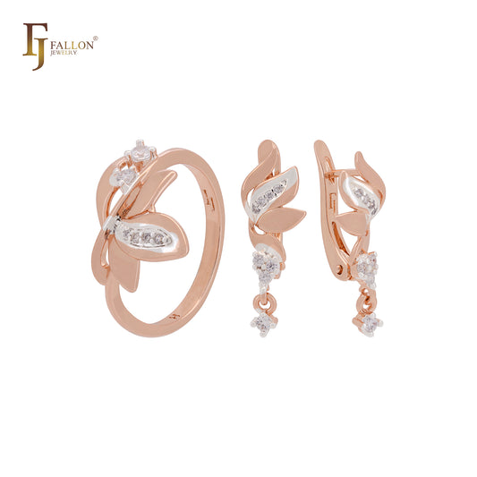 Elegante conjunto de joyas de dos tonos con hojas en forma de gota de circonita blanca en oro rosa y anillos