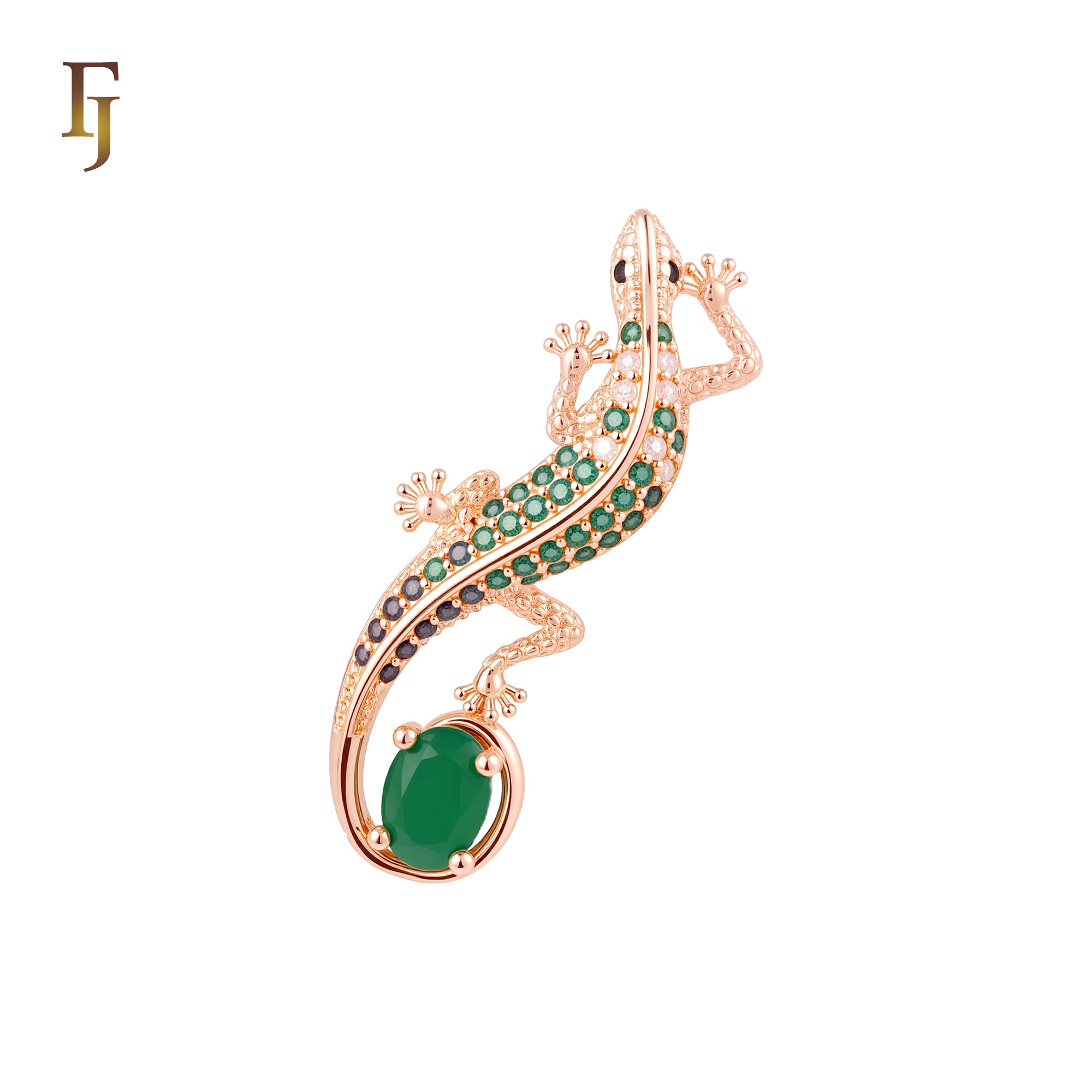 Luxurious Long Chameleon Emerald Green Stone Rose Gold Animal Pendant