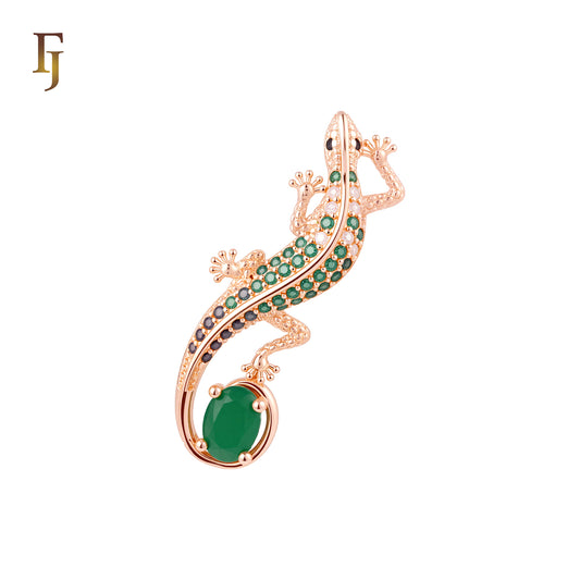 Luxurious Long Chameleon Emerald Green Stone Rose Gold Animal Pendant