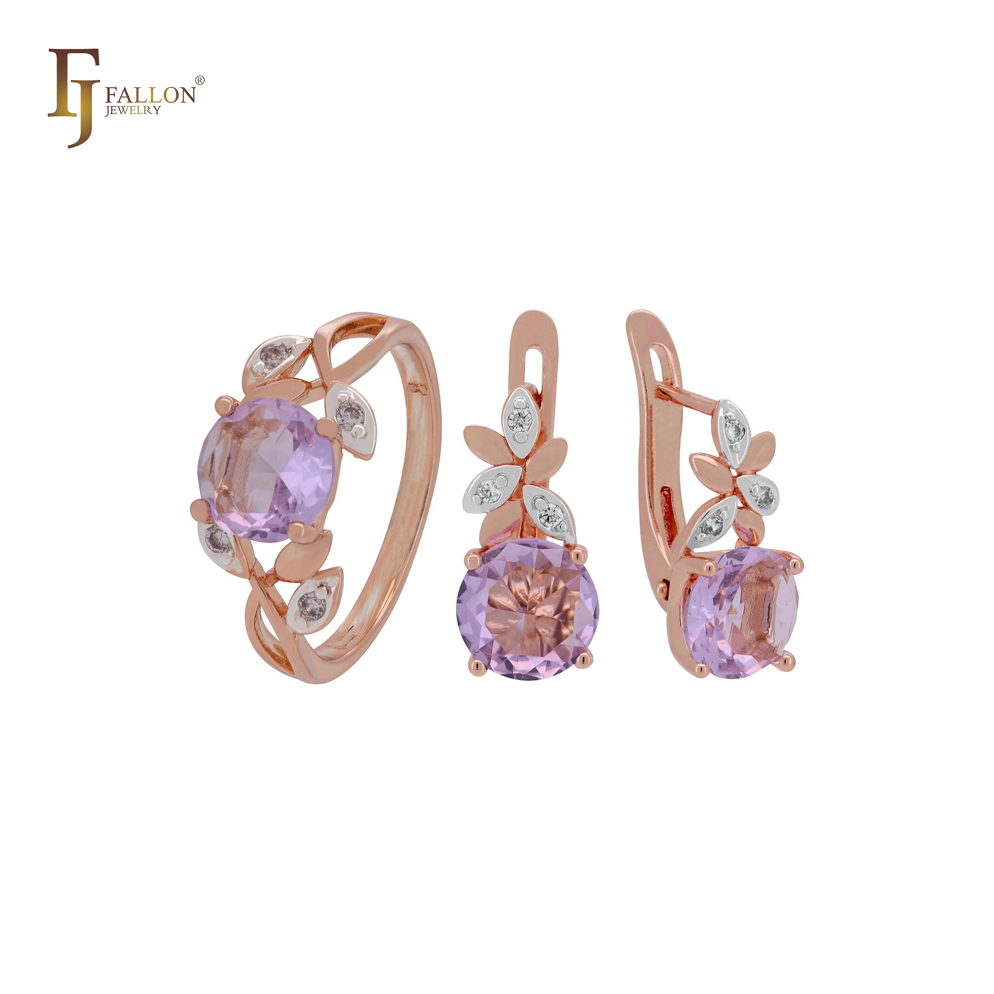 Conjunto de joyas gigantes de oro rosa de dos tonos con circonitas cúbicas redondeadas y anillos