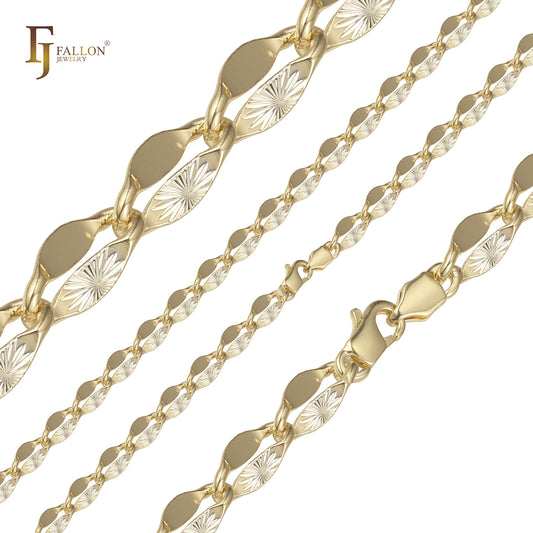 Sunburst and lace Sequin chains plated in 14K Gold, Rose Gold, two tone