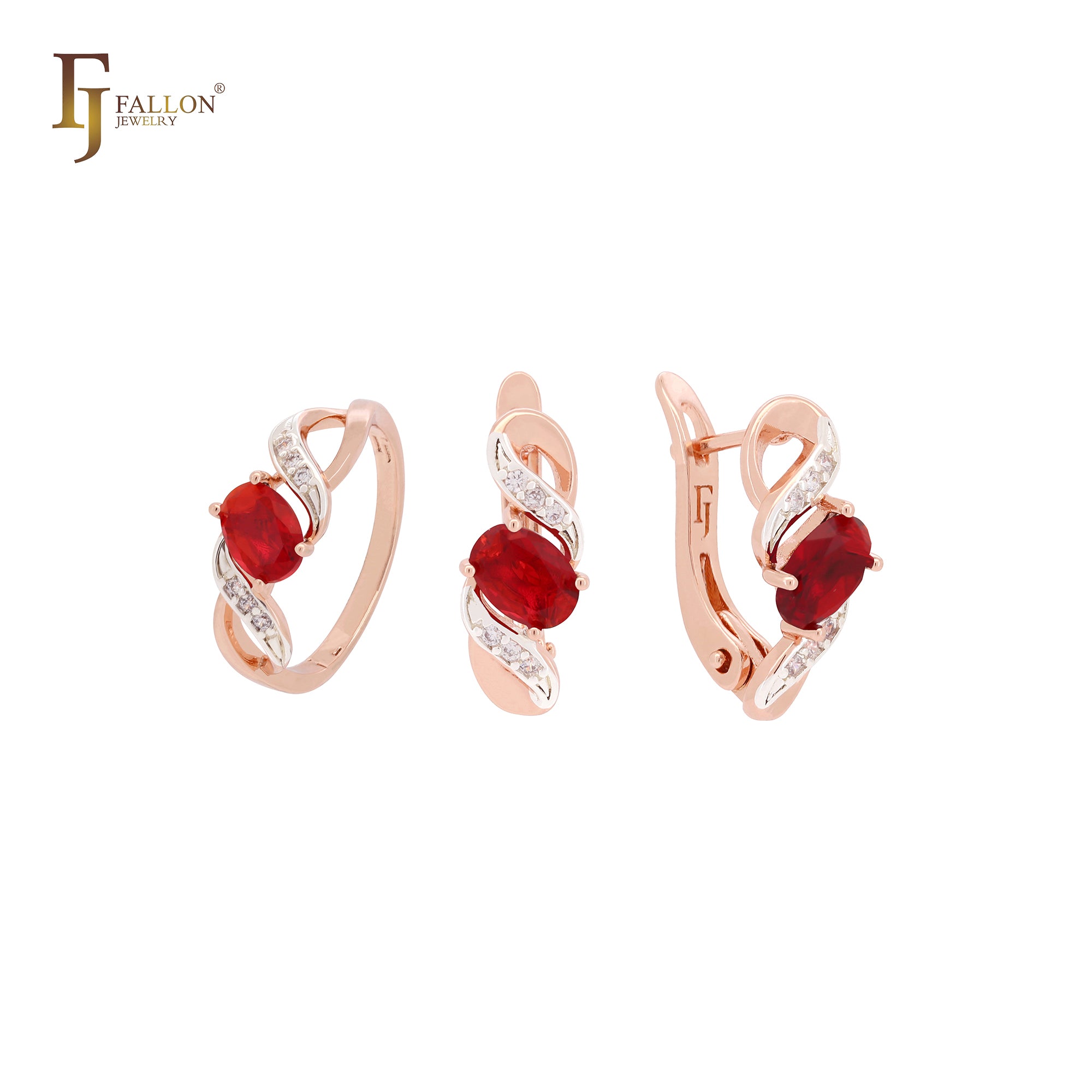 Conjunto de joyas de oro rosa de dos tonos con solitario de circonita cúbica de corte ovalado con garra de cinta y anillos