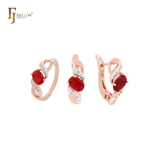 Conjunto de joyas de oro rosa de dos tonos con solitario de circonita cúbica de corte ovalado con garra de cinta y anillos