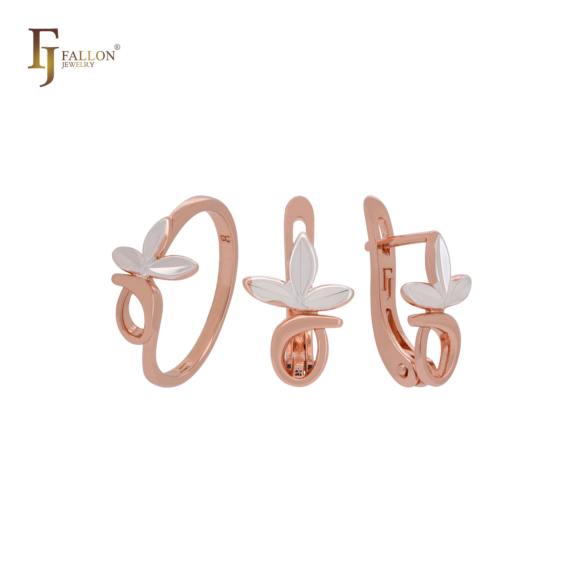 Elegante conjunto de joyas de oro rosa de dos tonos con ramas triples y anillos.