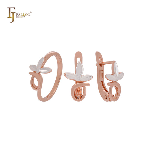 Elegante conjunto de joyas de oro rosa de dos tonos con ramas triples y anillos.