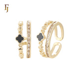 Clover of Black or Red sided with white CZs 14K Gold Resizable Open Rings