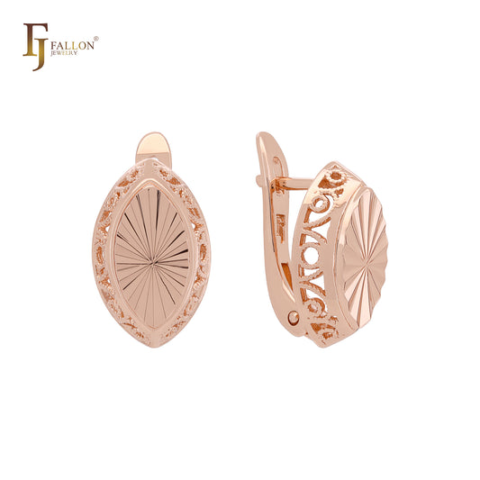 Pendientes de clip de oro rosa con filigrana y marquesa con diseño de rayos de sol ovalados