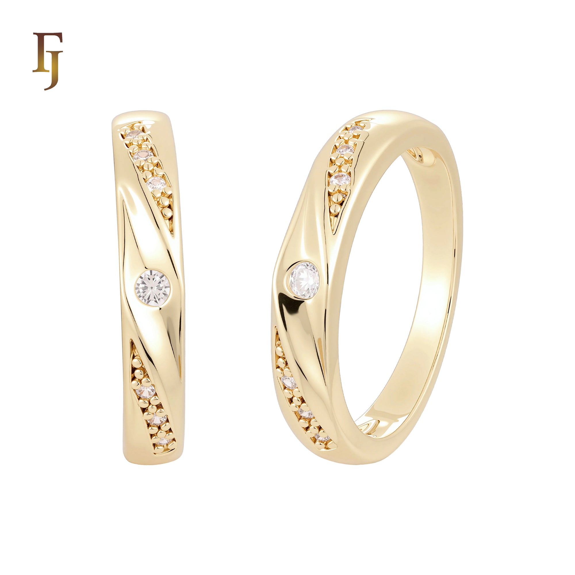 Slashed Ribbon textured 14K Gold, Rose Gold Wedding Set Rings Engagement and Band