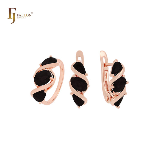 Conjunto de joyas de oro rosa con tres circonitas cúbicas de colores y anillos