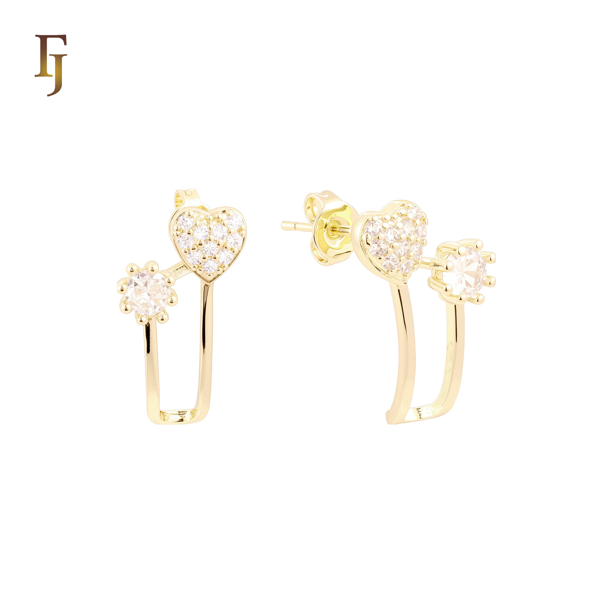 Heart filled and solitaire white CZs 14K Gold, Rose Gold Stud Earrings