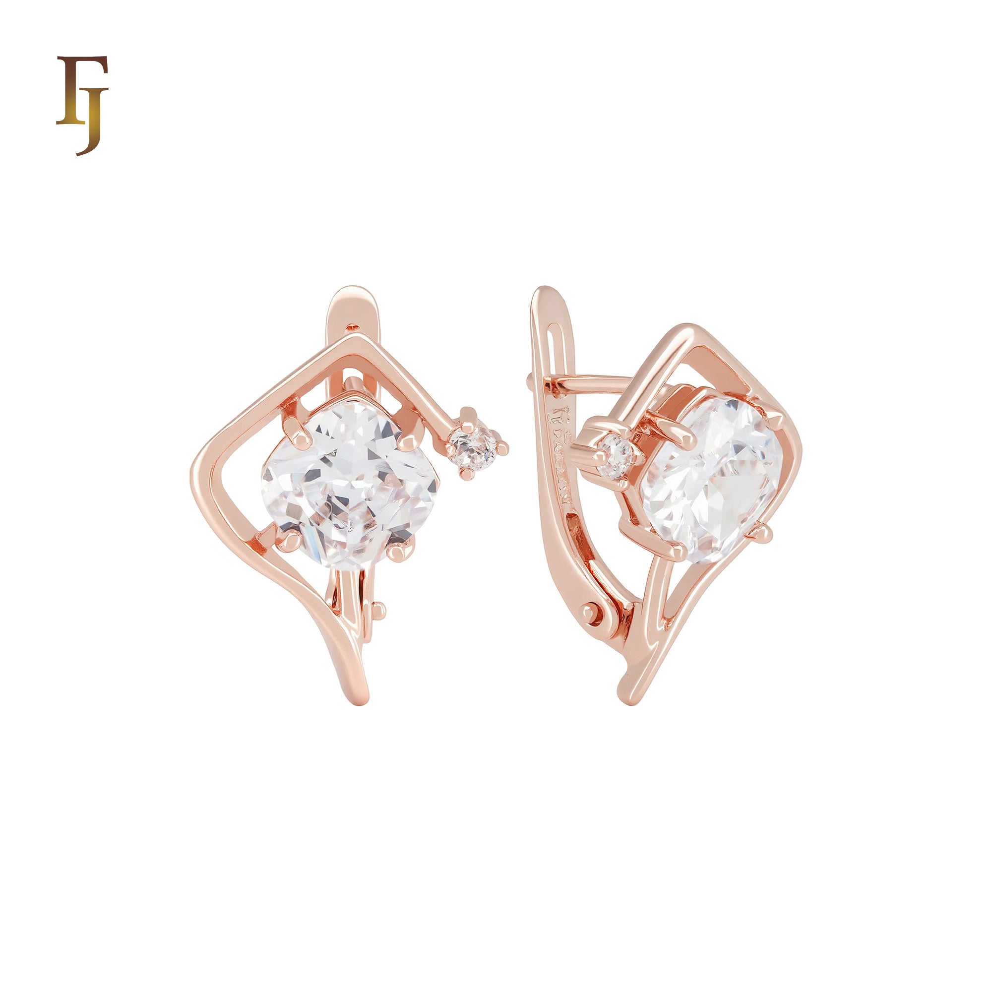 Solitaire clawed white CZ Rose Gold Russian Lock Earrings