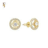Halo solitaire white Czs paved 14K Gold Stud Earrings