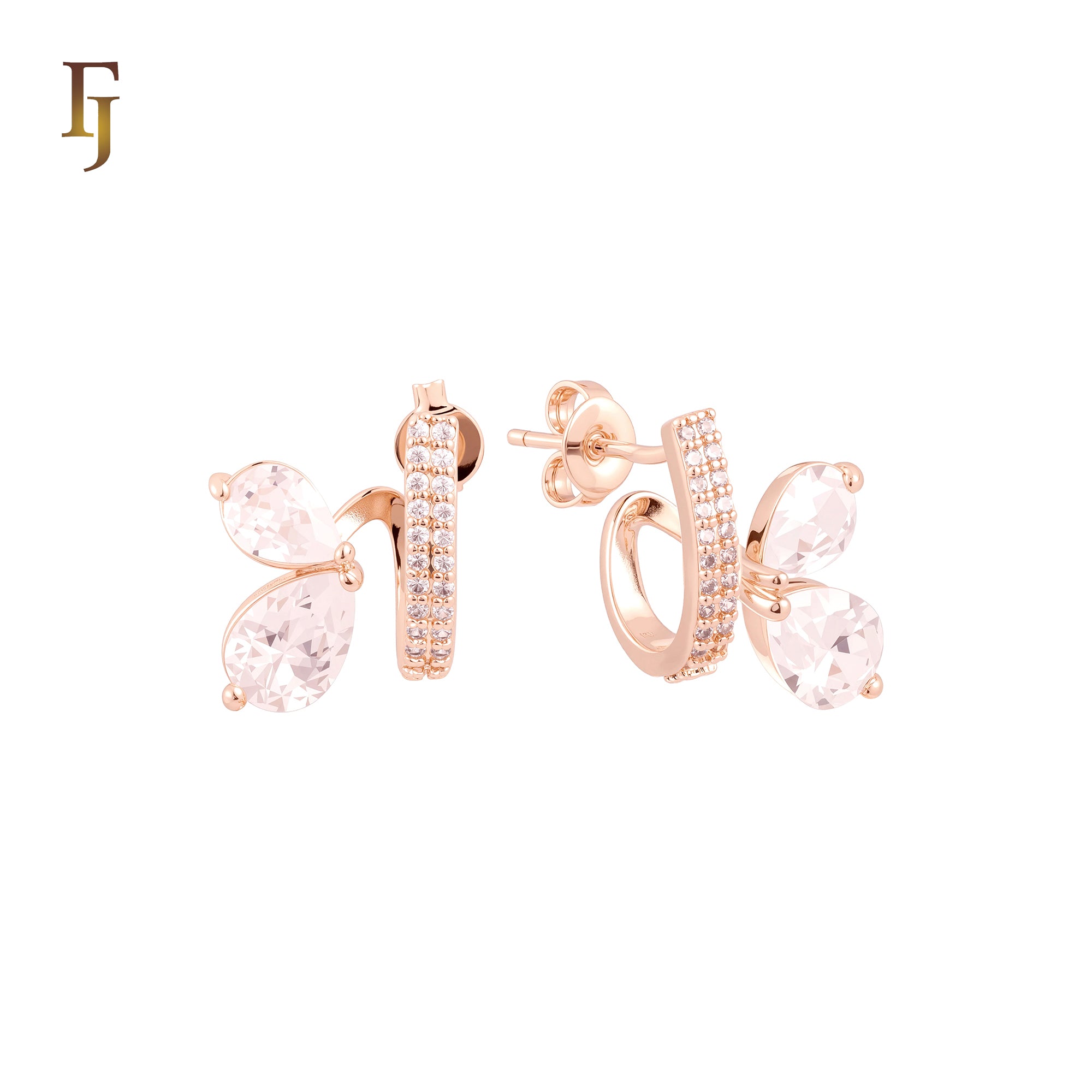 Geometric paved white CZs with double white CZs 14K Gold, Rose Gold Stud Earrings