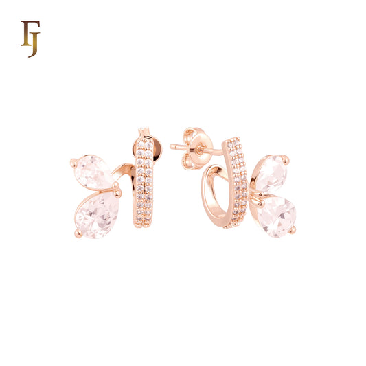 Geometric paved white CZs with double white CZs 14K Gold, Rose Gold Stud Earrings