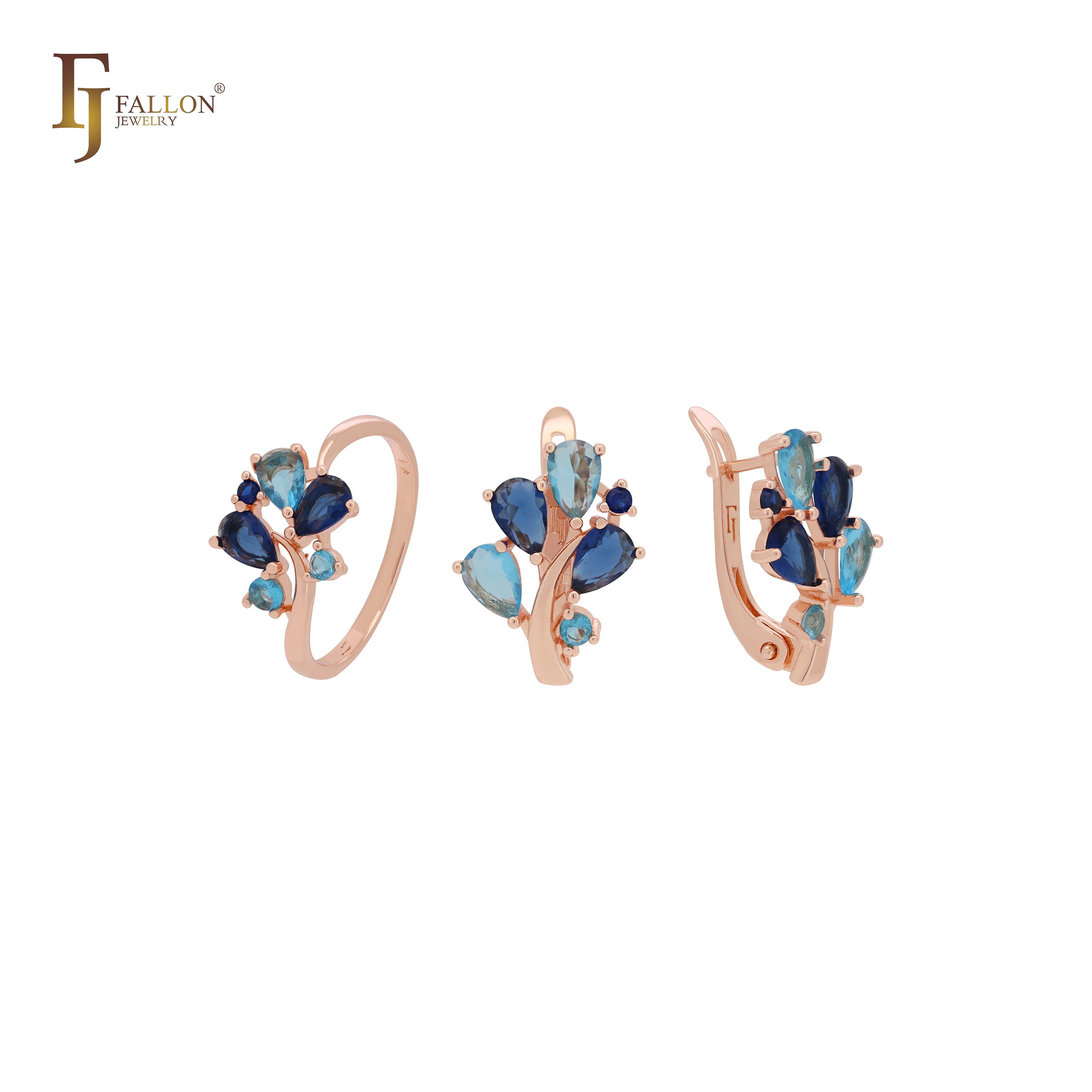 Zweige blühende Cluster blaue CZs Roségold Schmuckset mit Ringen