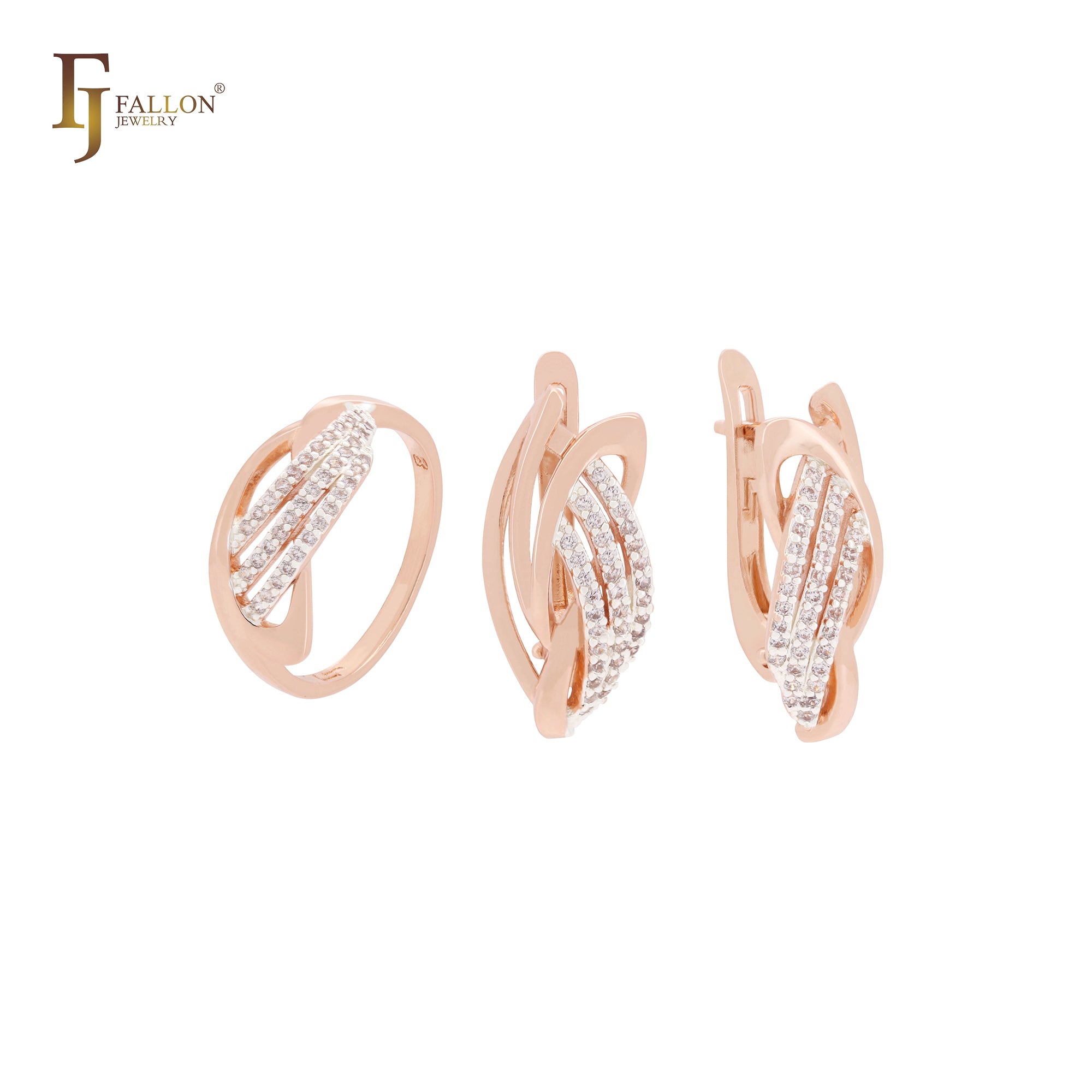 Conjunto de joyas de oro rosa bicolor con tres capas de circonitas blancas entrelazadas y anillos.