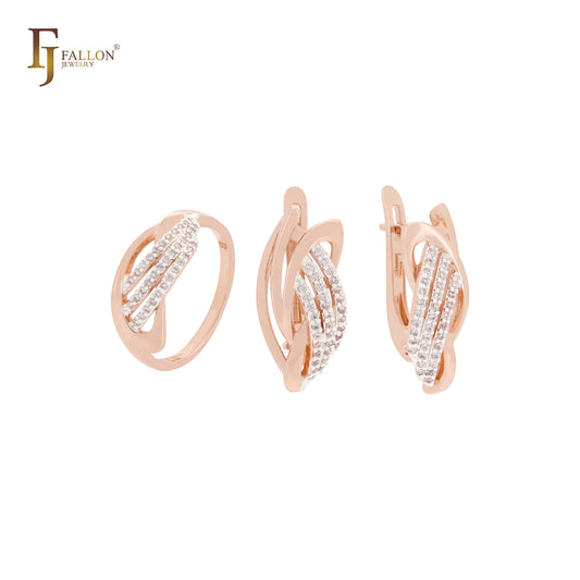 Conjunto de joyas de oro rosa bicolor con tres capas de circonitas blancas entrelazadas y anillos.