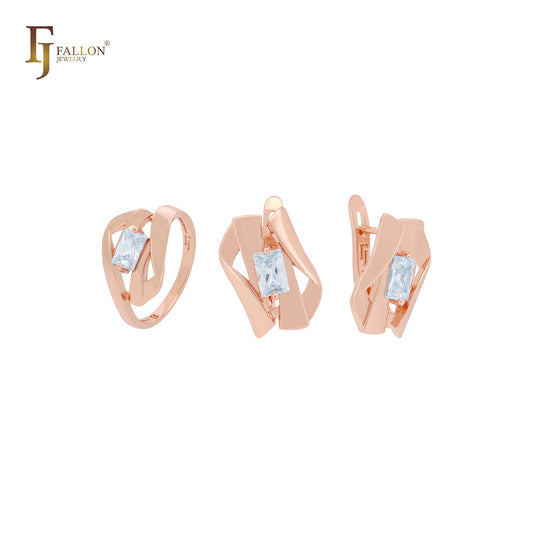 Conjunto de joyas de oro rosa con circonitas cúbicas de corte esmeralda solitario entrelazadas con cintas dobles retorcidas y anillos