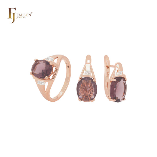 Gran conjunto de joyas de oro rosa de dos tonos con circonitas cúbicas color café rojo ovalado y anillos