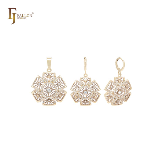 Conjunto de joyas de oro de 14 quilates con pétalos hexagonales, halo de circonitas blancas y colgante de kleidoscopio