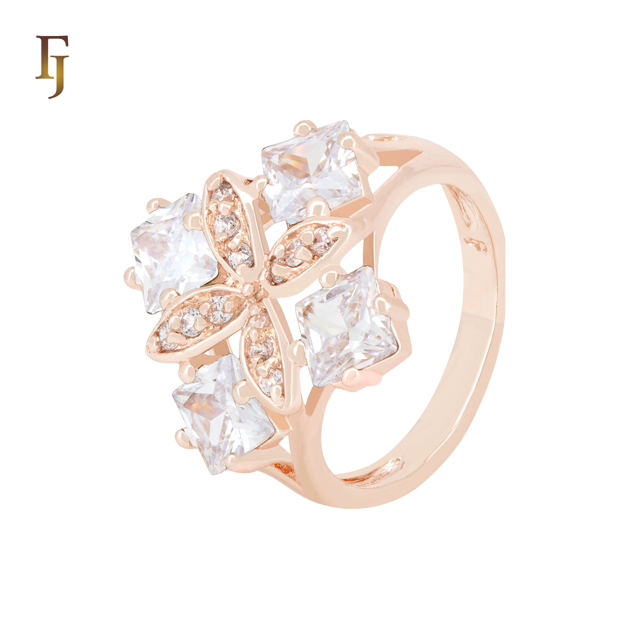 Quadraple four Assscher Cut white CZs Cluster Rose Gold Fashion Rings