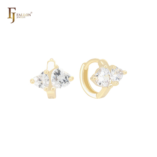 Pendientes Huggie de oro de 14 quilates con circonitas blancas y doble corazón