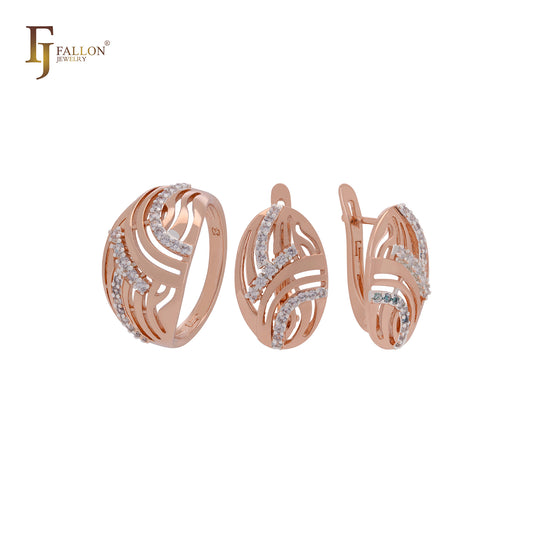 Conjunto de joyas de oro rosa de dos tonos con filigrana de alambre ovalado texturizado con circonitas blancas y anillos