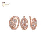 Conjunto de joyas de oro rosa de dos tonos con filigrana de alambre ovalado texturizado con circonitas blancas y anillos