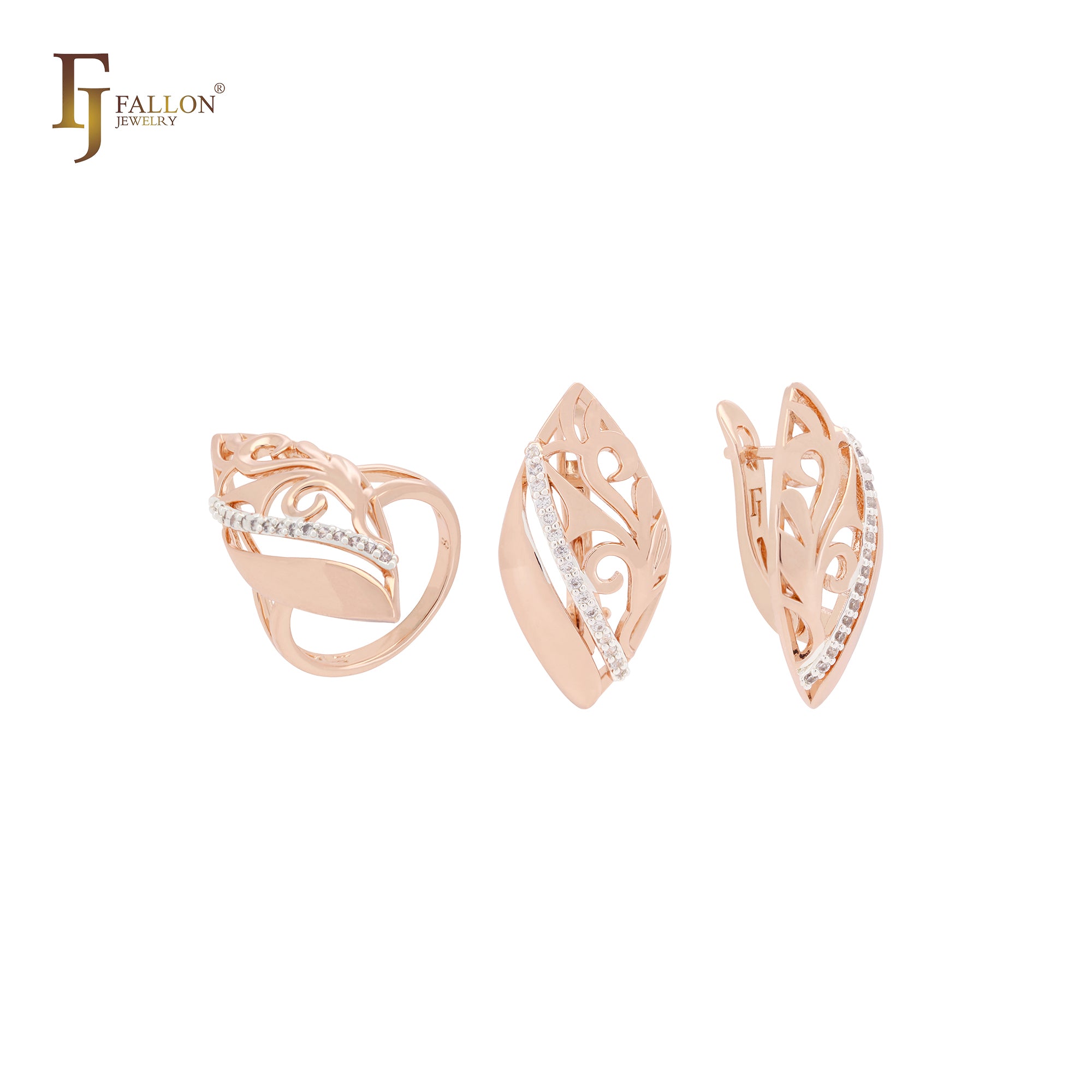 Conjunto de joyas en oro rosa de dos tonos con anillos y ramas ovaladas de filigrana de circonitas blancas