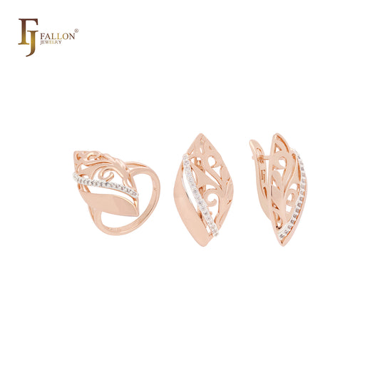 Conjunto de joyas en oro rosa de dos tonos con anillos y ramas ovaladas de filigrana de circonitas blancas