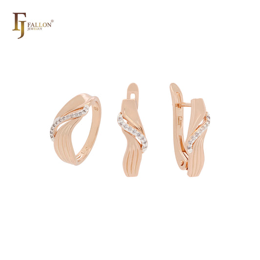 Conjunto de joyas de oro rosa de dos tonos con anillos y cinta esponjosa de circonitas blancas