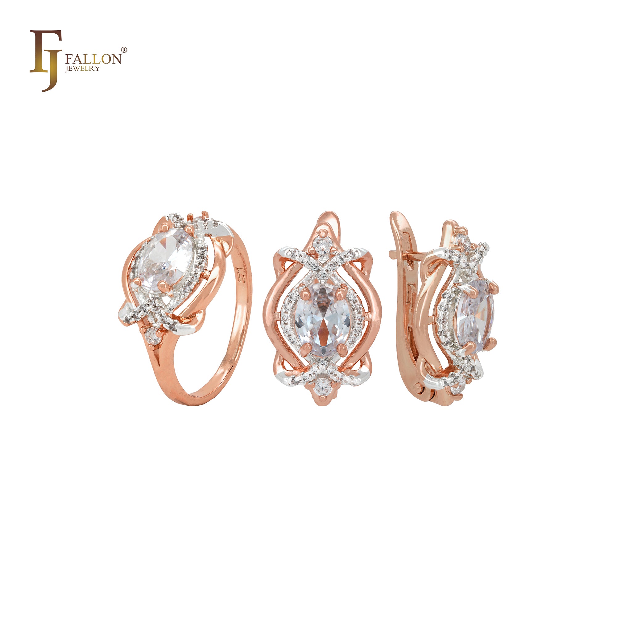 Lujoso conjunto de joyas de oro rosa con circonitas entrelazadas y anillos