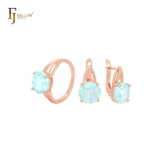 Conjunto de joyas de oro rosa con circonitas cúbicas azules lago y solitario grande con anillos