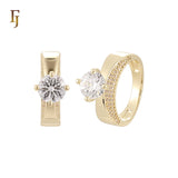 Geometric double white CZs paved 14K Gold, Rose Gold Wedding Set Rings Engagement and Band