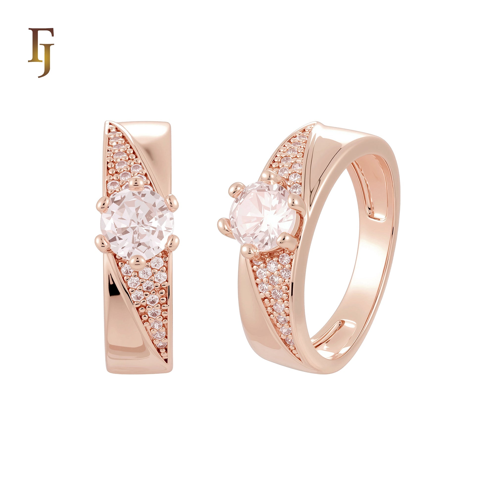 Slash of white CZs paved 14K Gold, Rose Gold Wedding Set Rings