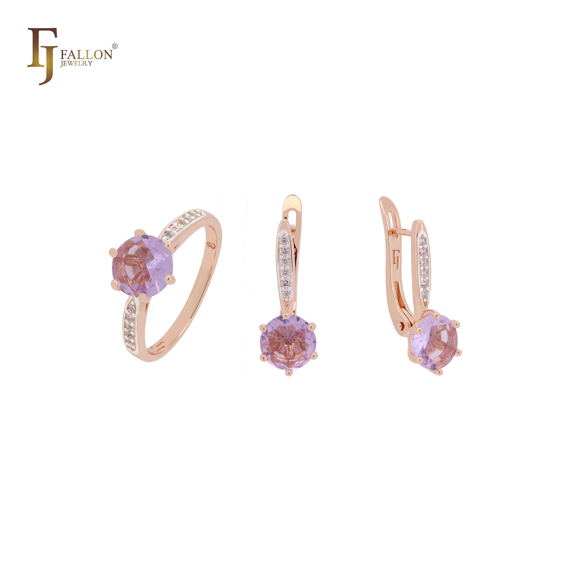 Elegante conjunto de joyas de dos tonos con circonitas cúbicas CZ redondas blancas o moradas y rosas, con anillos