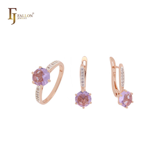 Elegante conjunto de joyas de dos tonos con circonitas cúbicas CZ redondas blancas o moradas y rosas, con anillos