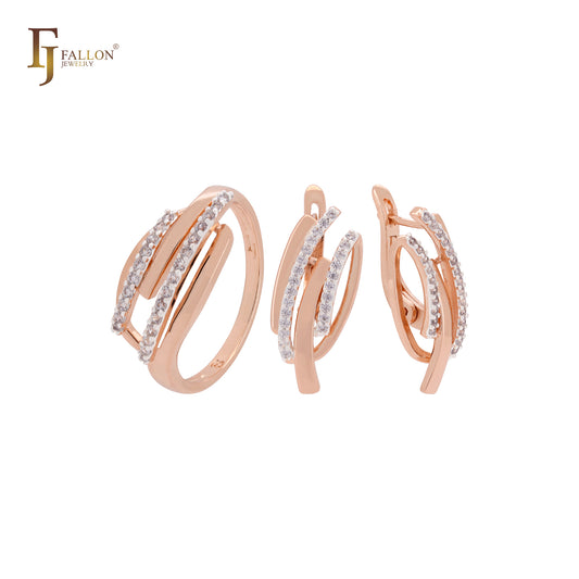 Conjunto de joyas de oro rosa de dos tonos con mil filas de circonitas blancas paralelas y anillos