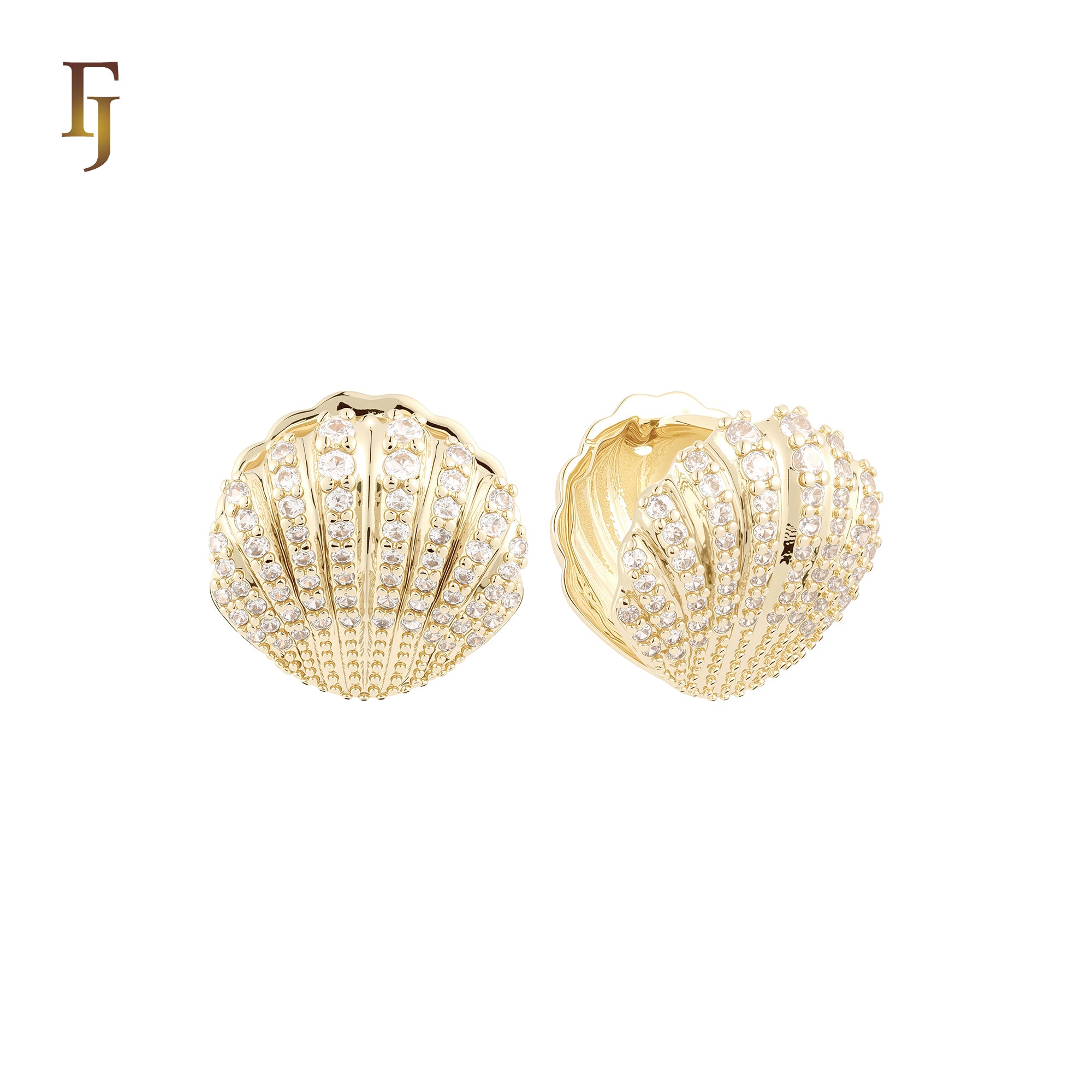 Luxurious Shell of white CZs 14K Gold, Rose Gold Huggie Earrings