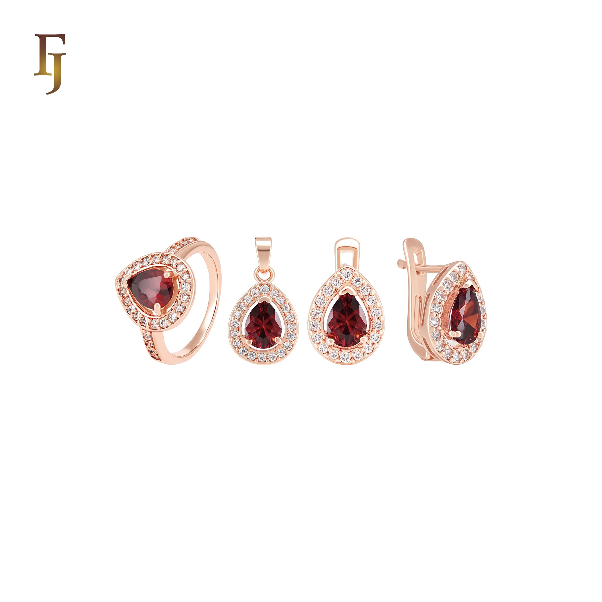 Solitiare teardrop halo red CZ cluster Rose Gold Jewelry Set with Rings and Pendant