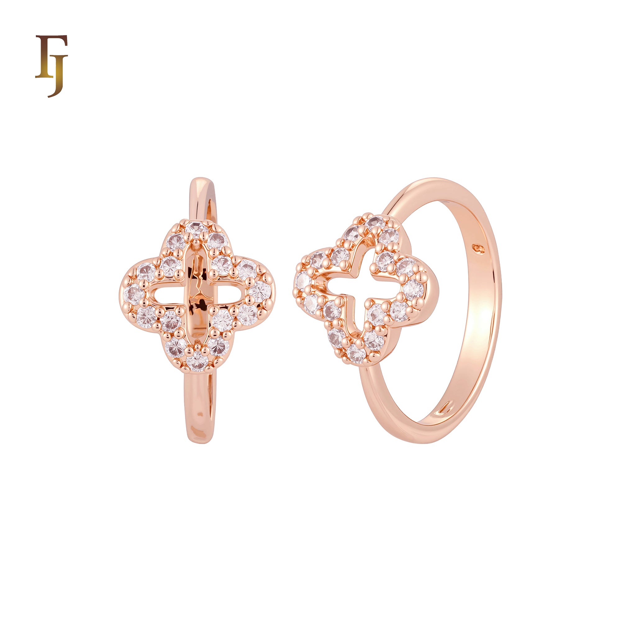White CZs paved Clover Rose Gold Fashion Rings