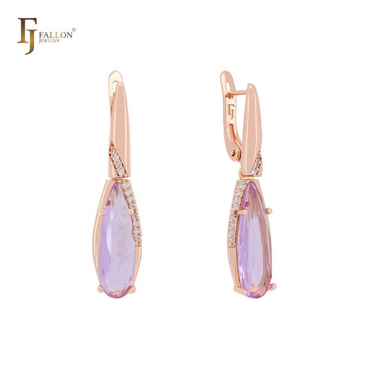 Pendientes de clip de oro rosa con circonitas cúbicas altas y forma de lágrima ovalada