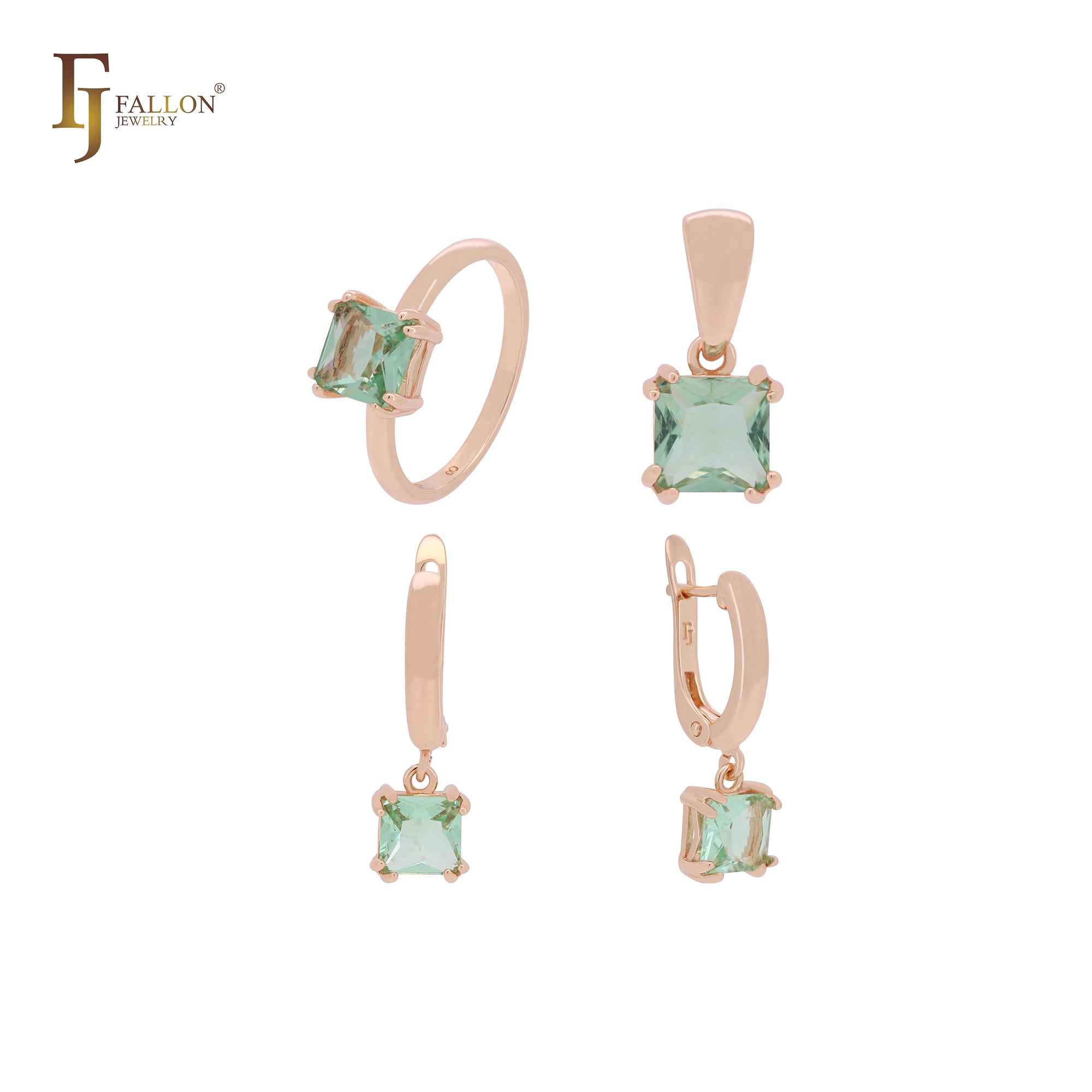 Conjunto de joyas de oro rosa solitario con corte cojín verde manzana con anillos y colgante