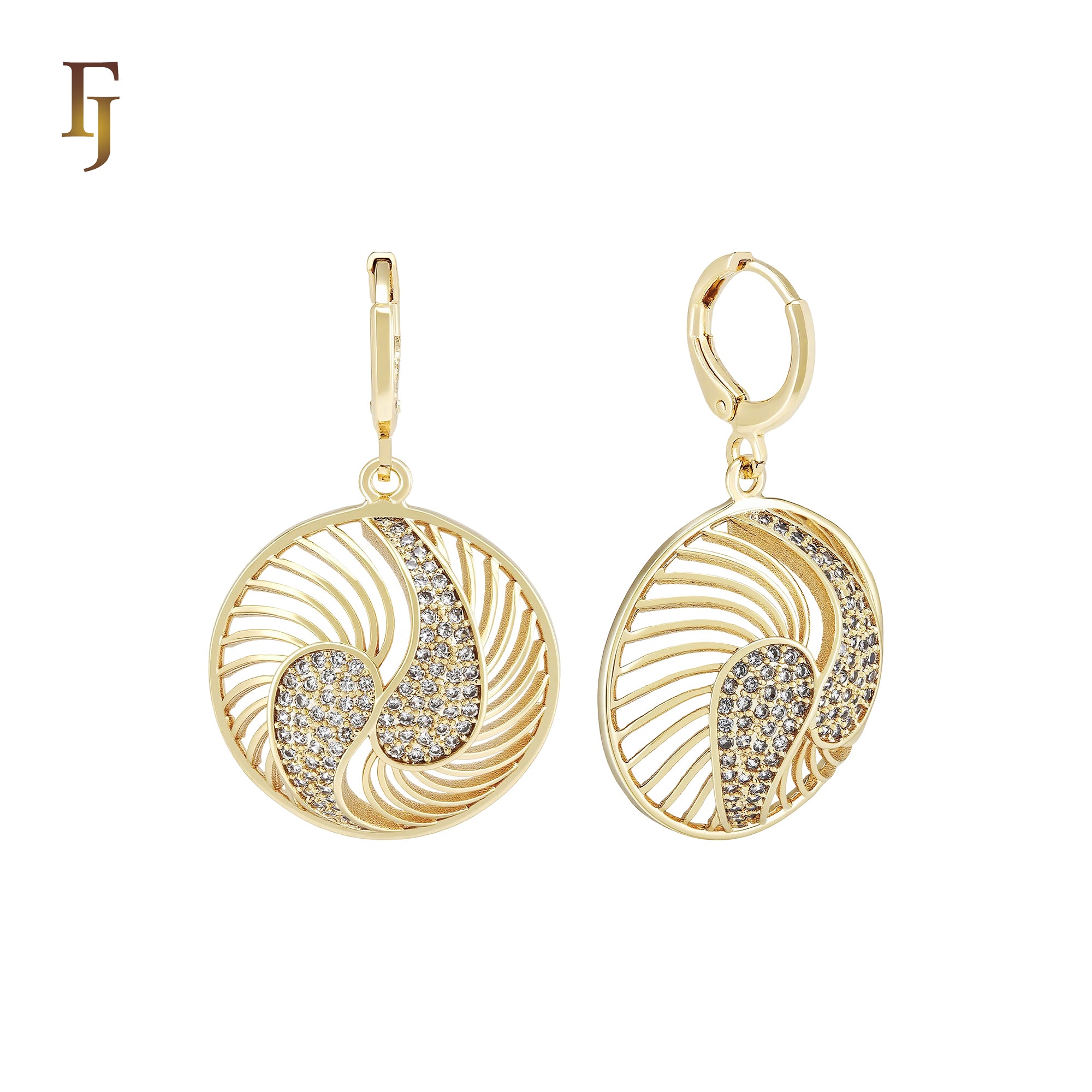 Filigree rounded white CZs double 14K Gold drop Huggie Earring