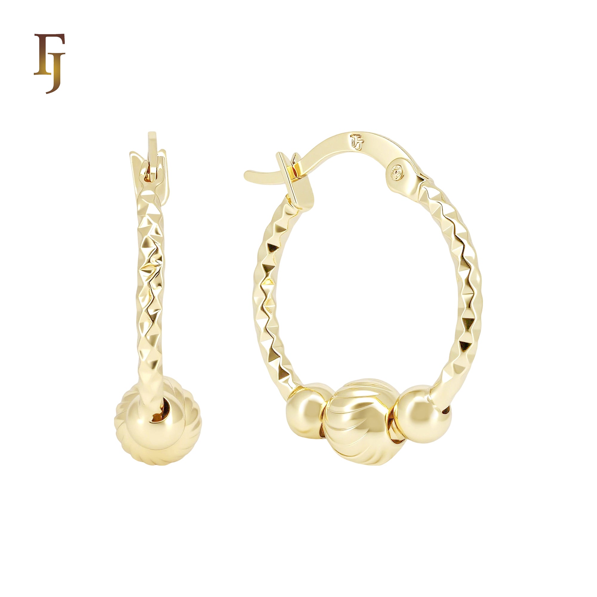 Triple Beaded Rhombus texture 14K Gold Hoop Earrings