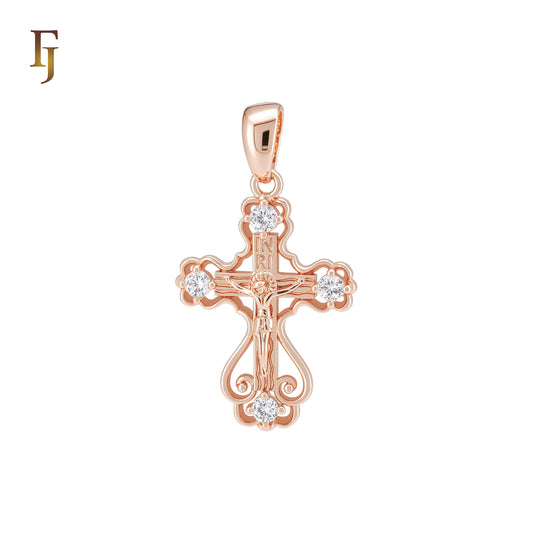 White CZs Christian Catholic INRI Rose Gold Crucifix Cross Religious Pendant