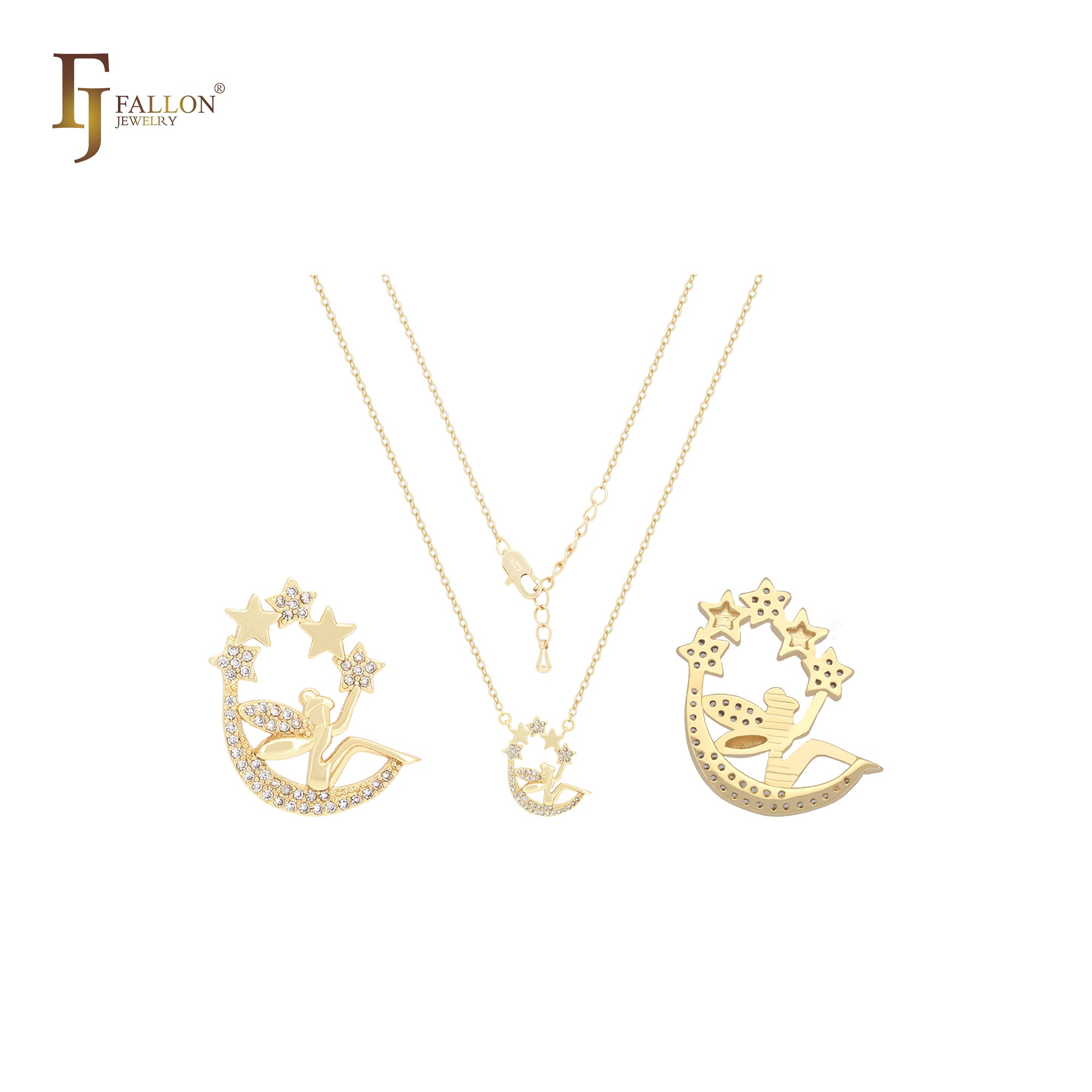Collar de oro rosa de 14 quilates con forma de hada y estrellas de circonitas blancas